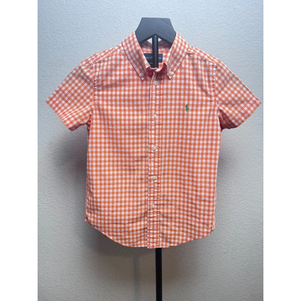 Ralph Lauren Boys Orange White Gingham‎ Short Sleeve Button Down Shirt Size 6